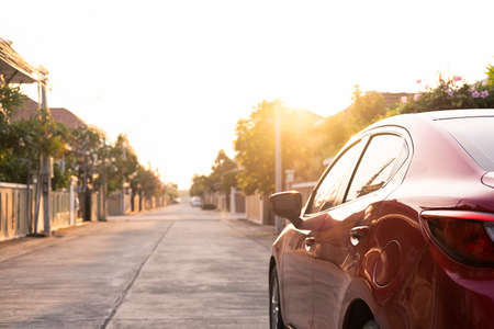 close up car on street automotive roadtrip on sunset background for transport, travel of nature to...