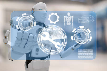 Robot cyber future futuristic humanoid with auto, automobile, automotive car check, for fix in garage industry so inspection, inspector insurance maintenance  mechanic repair robot service technologyの写真素材
