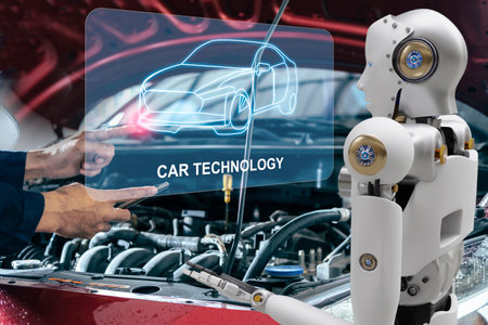 Robot cyber future futuristic humanoid with auto, automobile, automotive car check, for fix in...
