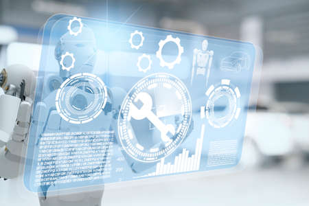 Robot cyber future futuristic humanoid with auto, automobile, automotive car check, for fix in garage industry so inspection, inspector insurance maintenance  mechanic repair robot service technologyの写真素材