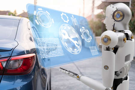 Robot cyber future futuristic humanoid with auto, automobile, automotive car check, for fix in garage industry so inspection, inspector insurance maintenance  mechanic repair robot service technologyの写真素材