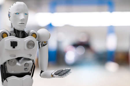 Robot cyber future futuristic humanoid with auto, automobile, automotive car check, for fix in garage industry so inspection, inspector insurance maintenance  mechanic repair robot service technologyの写真素材
