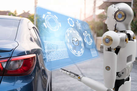 Robot cyber future futuristic humanoid with auto, automobile, automotive car check, for fix in garage industry so inspection, inspector insurance maintenance  mechanic repair robot service technologyの写真素材