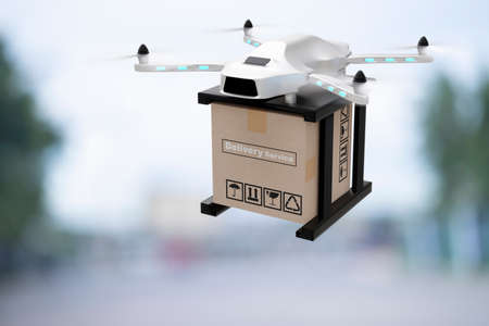 Drone technology engineering device industry flying in industrial logistic export import product home delivery service logistics shipping transport transportation or car auto parts 3D renderingの写真素材