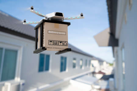 Drone technology engineering device industry flying in industrial logistic export import product home delivery service logistics shipping transport transportation or car auto parts 3D renderingの写真素材