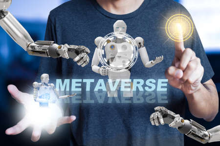 Robot community metaverse for VR avatar reality game virtual reality of people blockchain connect technology investment, business lifestyleの写真素材