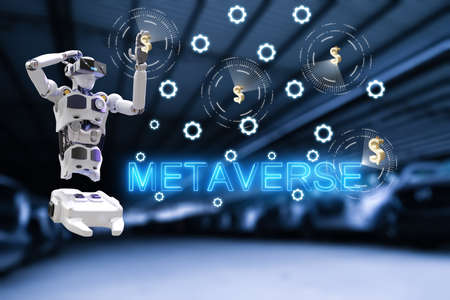 Robot metaverse VR avatar reality game virtual reality of people blockchain technology investment, business lifestyle virtual reality vr world connection cyber avatar metaverse people 2022 3D RENDERの写真素材