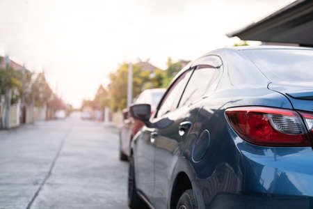Car tail light blue color on black background for customers. Using wallpaper or background for transport or automotive automobile car technology of futureの写真素材
