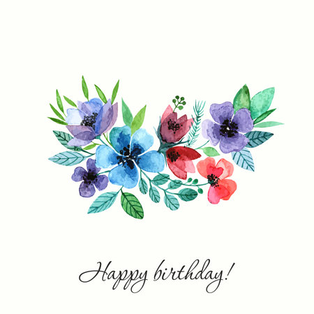 Flowers. Watercolor birthday card.のイラスト素材
