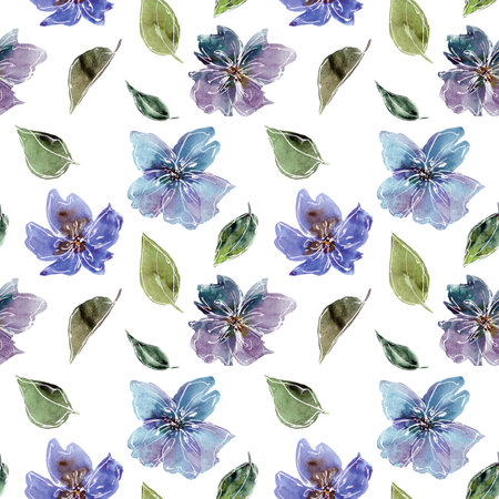 Seamless floral background. Fabric floral pattern. Textile pattern template. Blue flowers. Watercolor floral background. Wedding invitation design. Pinting viola flowers for wall decor. Wall paper.の写真素材