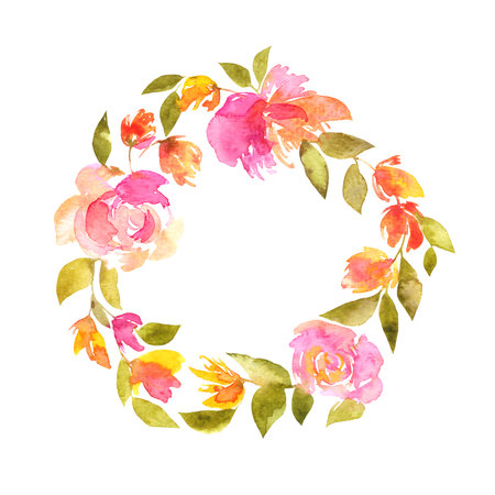 Floral wreath with pink delicate tulips. Floral frame, Floral greeting card.の写真素材