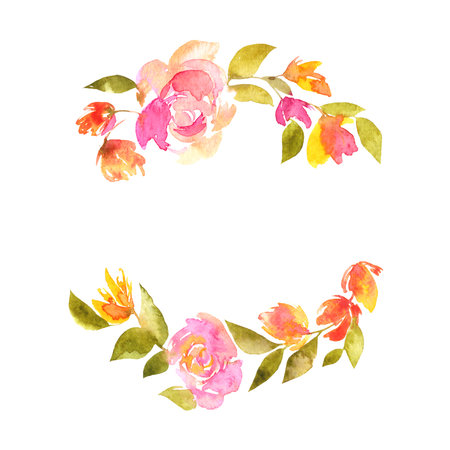 Floral wreath with pink delicate tulips. Floral frame, Floral greeting card.の写真素材