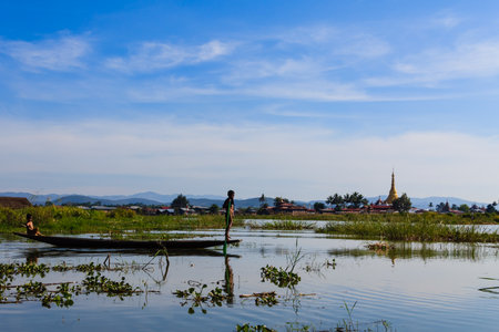 Inta People  and Pagoda ,  inle lake in Myanmar  Burmar の写真素材