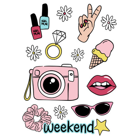 Trendy weekend vibes illustration with fashion and summer iconsのイラスト素材