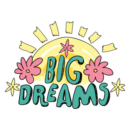 Retro big dreams quote design with sun and flowers illustrationのイラスト素材