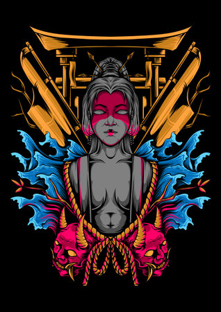geisha calm in the storm illustration vector&#xD;&#xA;illustration design apparel japaneseのイラスト素材