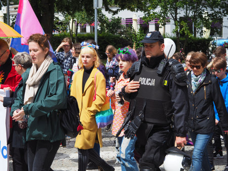 Gdynia / Poland / July 07, 2014 - Second Level March in Gdynia organized by members of the LGBTQIA community and supported by feminist, anti-fascist and anti-racist groups protected by police departmentsのeditorial素材