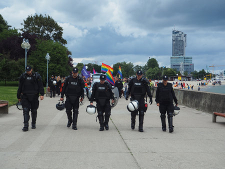 Gdynia / Poland / July 07, 2014 - Second Level March in Gdynia organized by members of the LGBTQIA community and supported by feminist, anti-fascist and anti-racist groups protected by police departmentsのeditorial素材