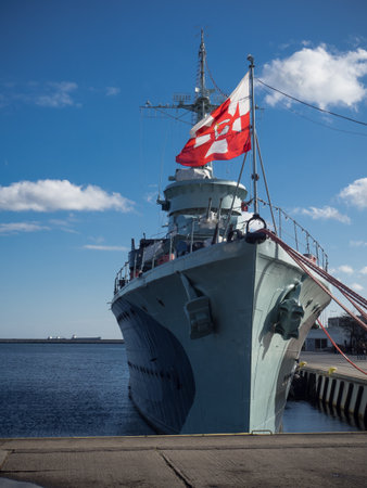 Gdynia / Poland - March 01.2020-The bow of the Polish warship "B?yskawica" moored at the Port of Gdynia with the flag of the Polish Navyのeditorial素材