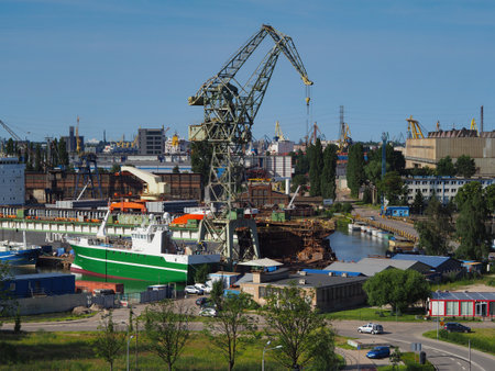 Gdansk -Poland-07.11.2019 - View of the shipyard cranes of the GdaÅsk Shipyardのeditorial素材