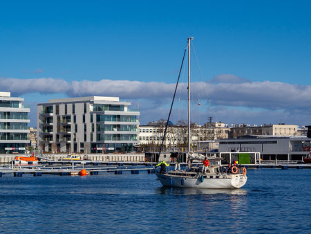 Gdynia, Poland - May 2, 2021: Sailing yacht leaving the port of Gdyniaのeditorial素材