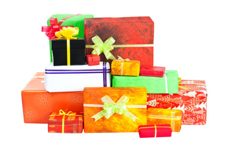 Many isolated christmas present on white background