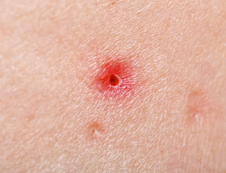 Acne on human skin closeup