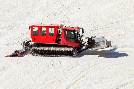 Photo of red snowcat transport food in the mountainsの写真素材