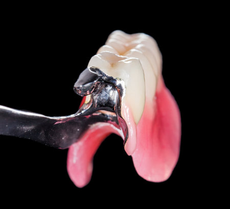 Closeup of dental skeletal prosthesis with porcelain crowns