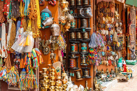 Close up photo of a souvenir shop in Kathmanduの写真素材