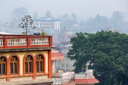Cityscape of a smoggy town in Nepalの写真素材