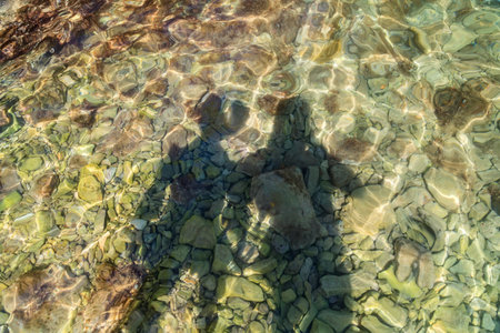 Shadow of young couple in water on rocky beachの写真素材
