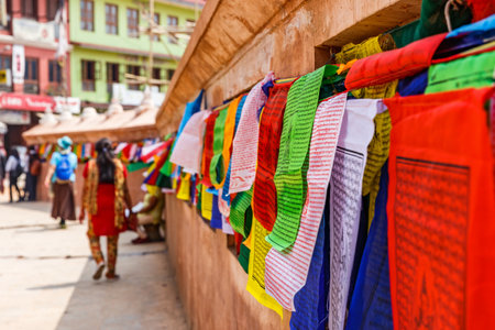 Close up photo of buddhist prayer flags around Boudhanath stupaの写真素材