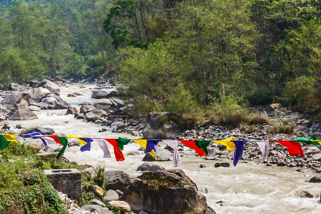 Landscape photo of prayer flag and mountain stream