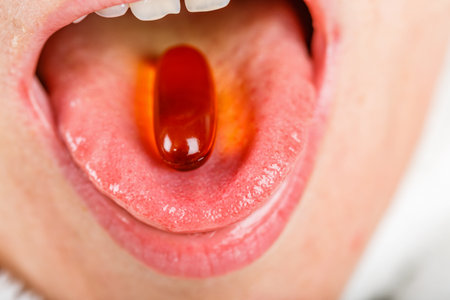 Close up photo of young woman with fish oil capsule in her mouthの写真素材