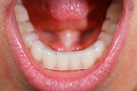 Placing a bite plate in mouth to protect teeth at night from grinding caused by bruxism