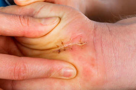 Successful healed surgical suture on palm of hand after operationの写真素材
