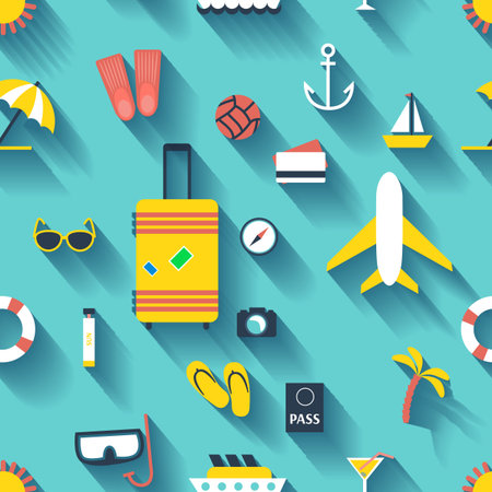 Flat design style modern background with icons set of planning a summer vacation, travelling on holiday journey, tourism and travel objectsのイラスト素材