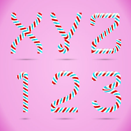 Candy 3D alphabet. Candy letters. Sweet letters. Vector candy alphabet. Alphabet letters. Candy font. Typography. X letter. Y letter. Z letter. Number 1. Number 2. Number 3. One. Two. Three.のイラスト素材
