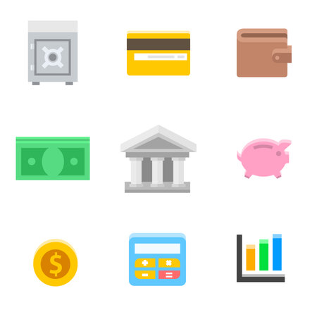 Symbols of Business and Finance: money, safe, case, card, purse, piggy bank, coin. Vector flat illustrationのイラスト素材