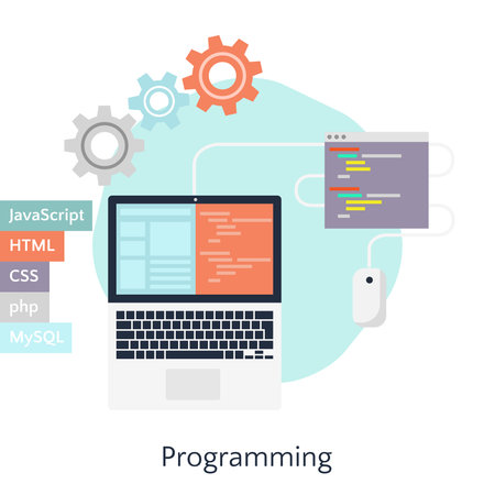 Abstract flat vector illustration of software coding and development concepts. Design elements for...