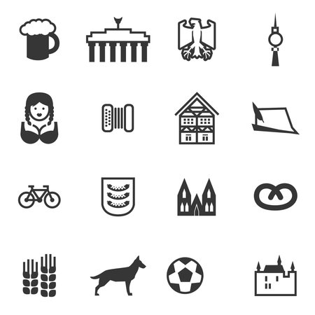 Set of icons with signs of Germany and Berlin. Set include beer, eagle, Brandenburg gate, berlin TV tower, girl, woman, accordion, harmonica, German house, German hat, bicycle, football, castle, German Shepherd, Pretzel.のイラスト素材