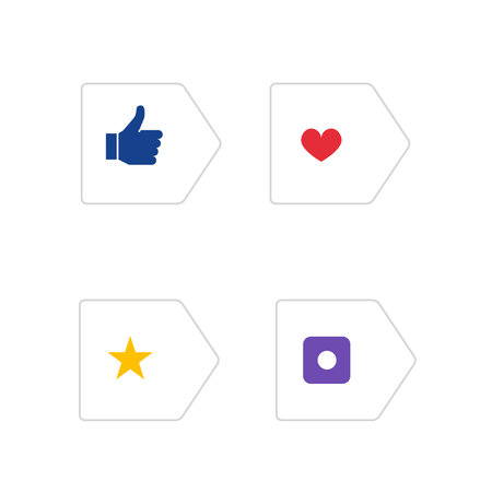 Social Icons in Arrows. Blue Thumb up. Red Heart. Yellow Star. Violet Camera. Set of Buttons with...