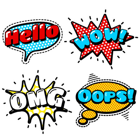 Fashion Patch Badges with Hello, WOW, OMG, Oops. Speech Bubbles, Stars and Other Elements. Set of Stickers, Pins, Patches in Cartoon 80s-90s Comic Style.のイラスト素材