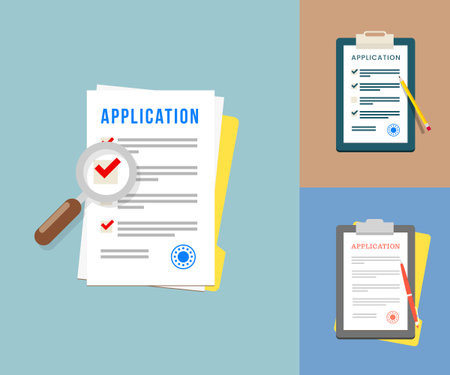 Vector Application Forms. Documents with Stamp and Pen, Pencil and Magnifying Glass.のイラスト素材