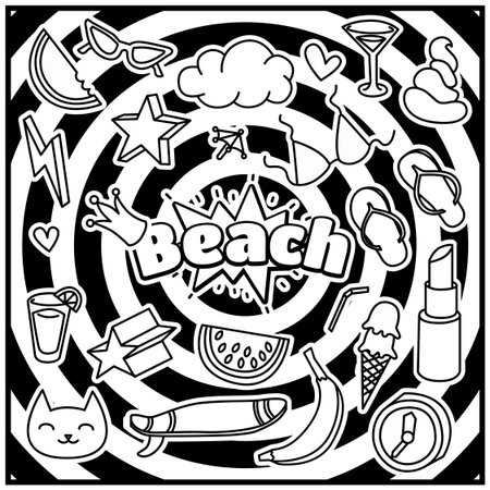 Fashion Summer Patch Badges with Beach Expression, Ice cream, Hearts, Crown, Sunglasses, Surfboard, Lipstick, Cloud, Bra, Watermelon. Set of Stickers, Pins, Patches in Cartoon 80s-90s Comic Style.のイラスト素材