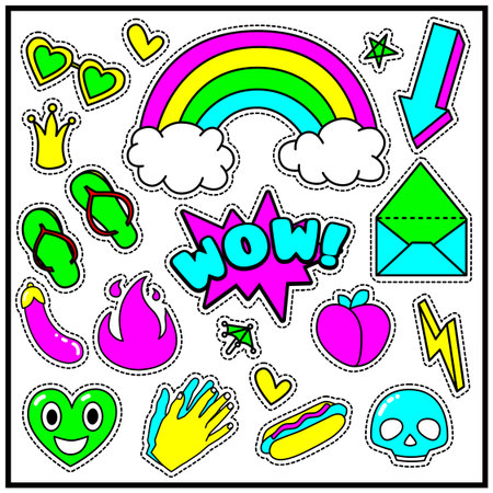 Fashion Summer Patch Badges with WOW Expression, Letter, Arrow, Hands, Fire, Sunglasses, Hot Dog, Skulls, Clouds, Rainbow, Eggplant. Set of Stickers, Pins, Patches in Cartoon 80s-90s Comic Style.のイラスト素材