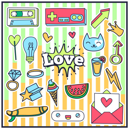Cute Chic Fashion Summer Patch Badges with Love Expression, Letter, Crown, Lamp, Heart, Glasses, Cassette, Arrow, Surfboard, Watermelon. Set of Stickers, Pins, Patches in Cartoon 80s-90s Comic Style.のイラスト素材