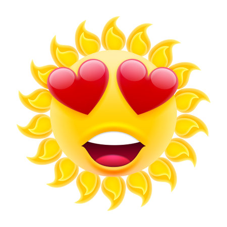 Smile in Love Emoticon Sun. Sun Emoji in Love with Two Hearts. Isolated Vector Illustration on White Backgroundのイラスト素材