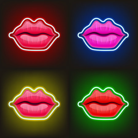 Light Sign of Neon Lips. Women Lips, Kiss, Mouth. Valentines Day Logo. Love, Sexy, Intimacy, Wedding Card, Banner. Red Kissing Sexy Lips Isolated Icons. 8 March Women's International Dayのイラスト素材
